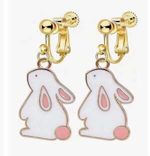 Cute Bunny Clip-On Earrings for Kids - Gold Tone with White & Pink Bunny